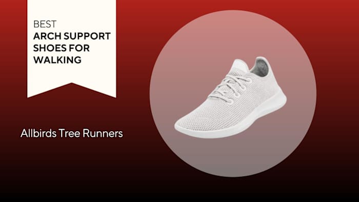 An image of an Allbirds Tree Runners shoe against a red background.